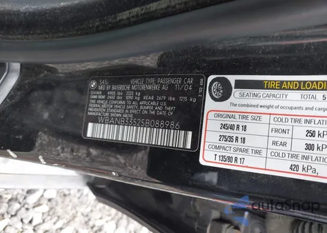 2005 BMW 545I из США, поврежденный, VIN WBANB33555CN63377